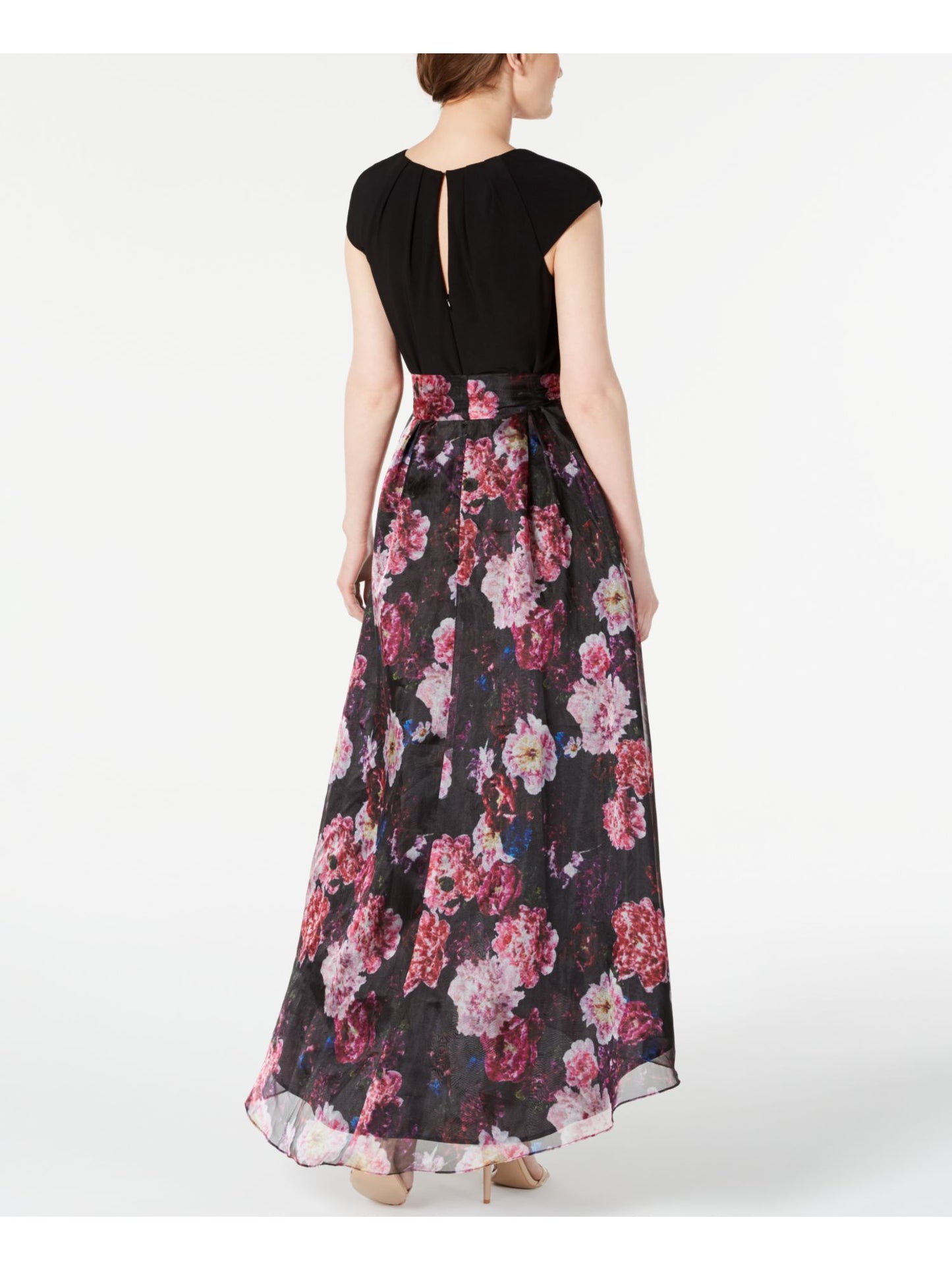 SL Fashions Women's A Line High Low Floral Print Pleat Neck Dress Black Size 8