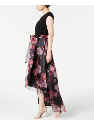 SL Fashions Women's A Line High Low Floral Print Pleat Neck Dress Black Size 8