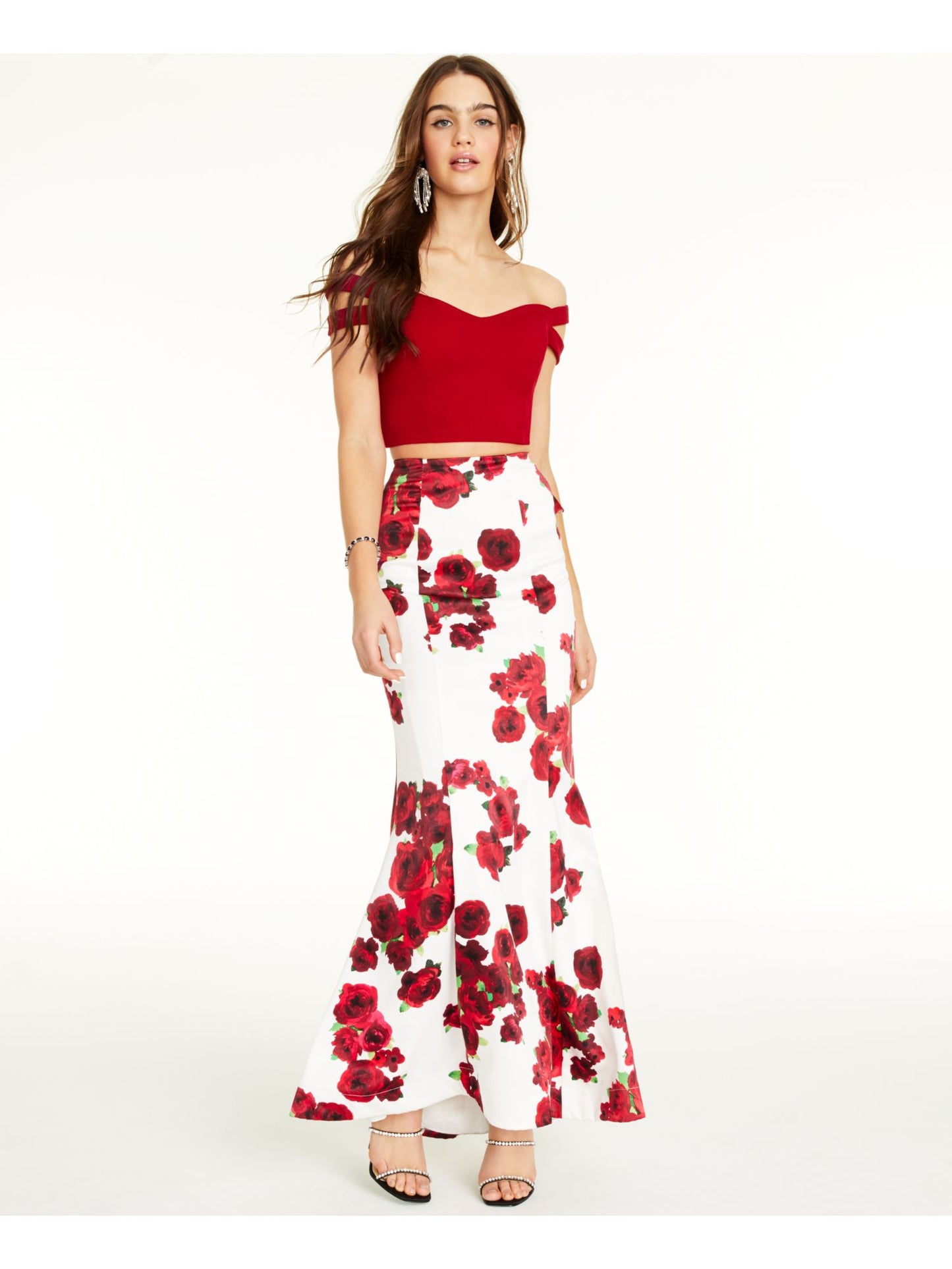 Teeze Me Women's Short Sleeve Off Shoulder Crop Top White/Red Size 1