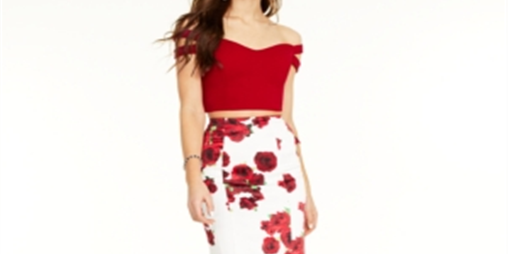 Teeze Me Women's Short Sleeve Off Shoulder Crop Top White/Red Size 1