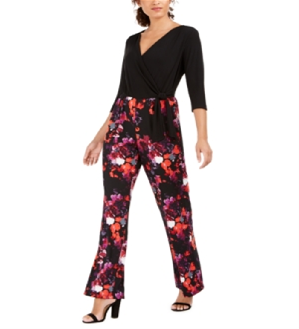 NY Collection Women's Printed Surplice Jumpsuit Black Size Petite Small