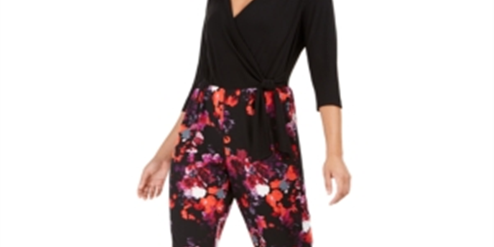 NY Collection Women's Printed Surplice Jumpsuit Black Size Petite Small