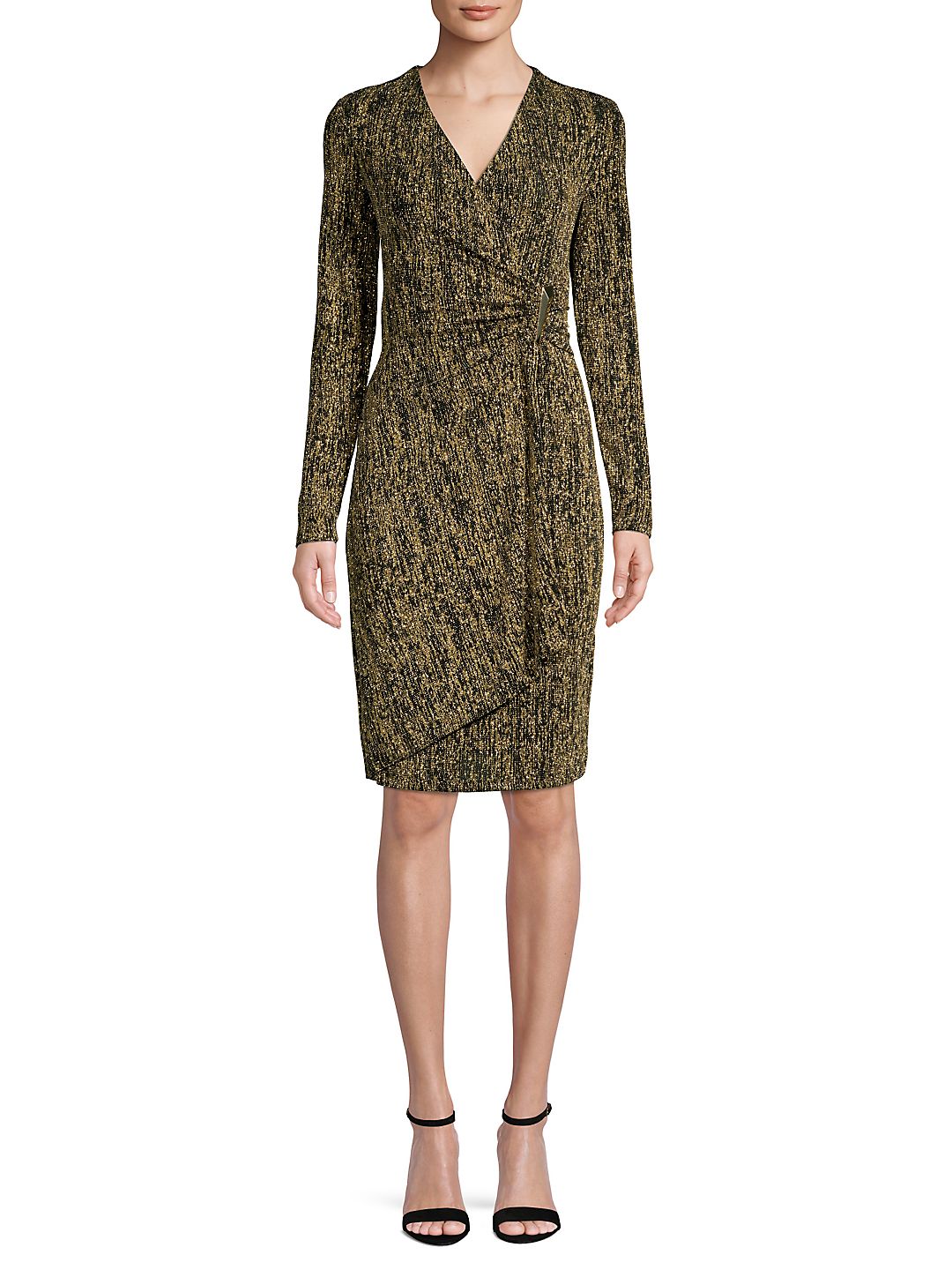 Calvin Klein Women's Embellished Glitter Long Sleeve V Neck Above the Knee Sheath Party Dress Yellow Size 10