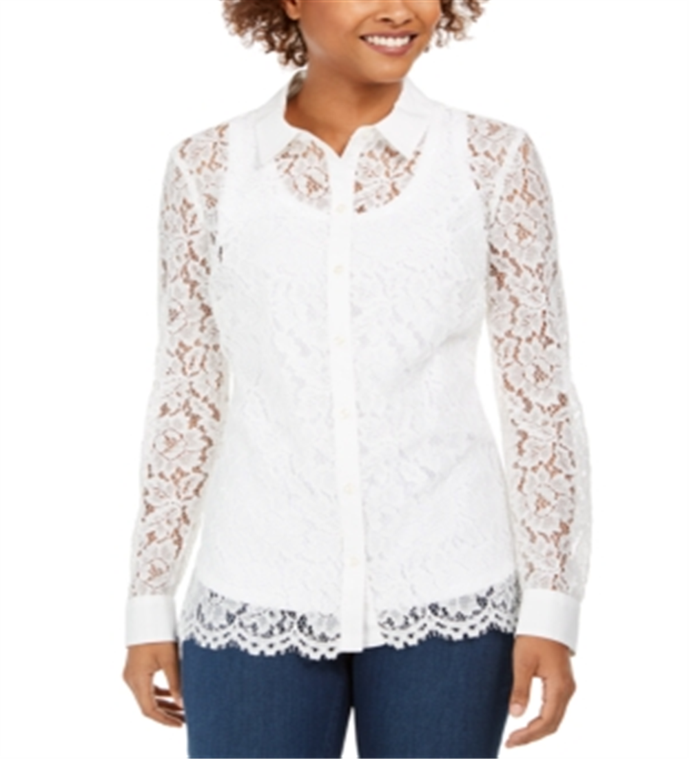 Charter Club Women's Lace Button up Shirt White Size S