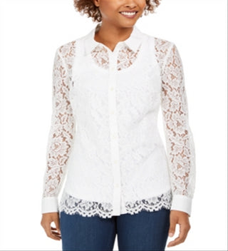 Charter Club Women's Lace Button up Shirt White Size S