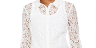 Charter Club Women's Lace Button up Shirt White Size S