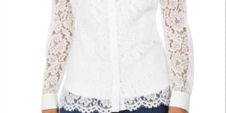 Charter Club Women's Lace Button up Shirt White Size S