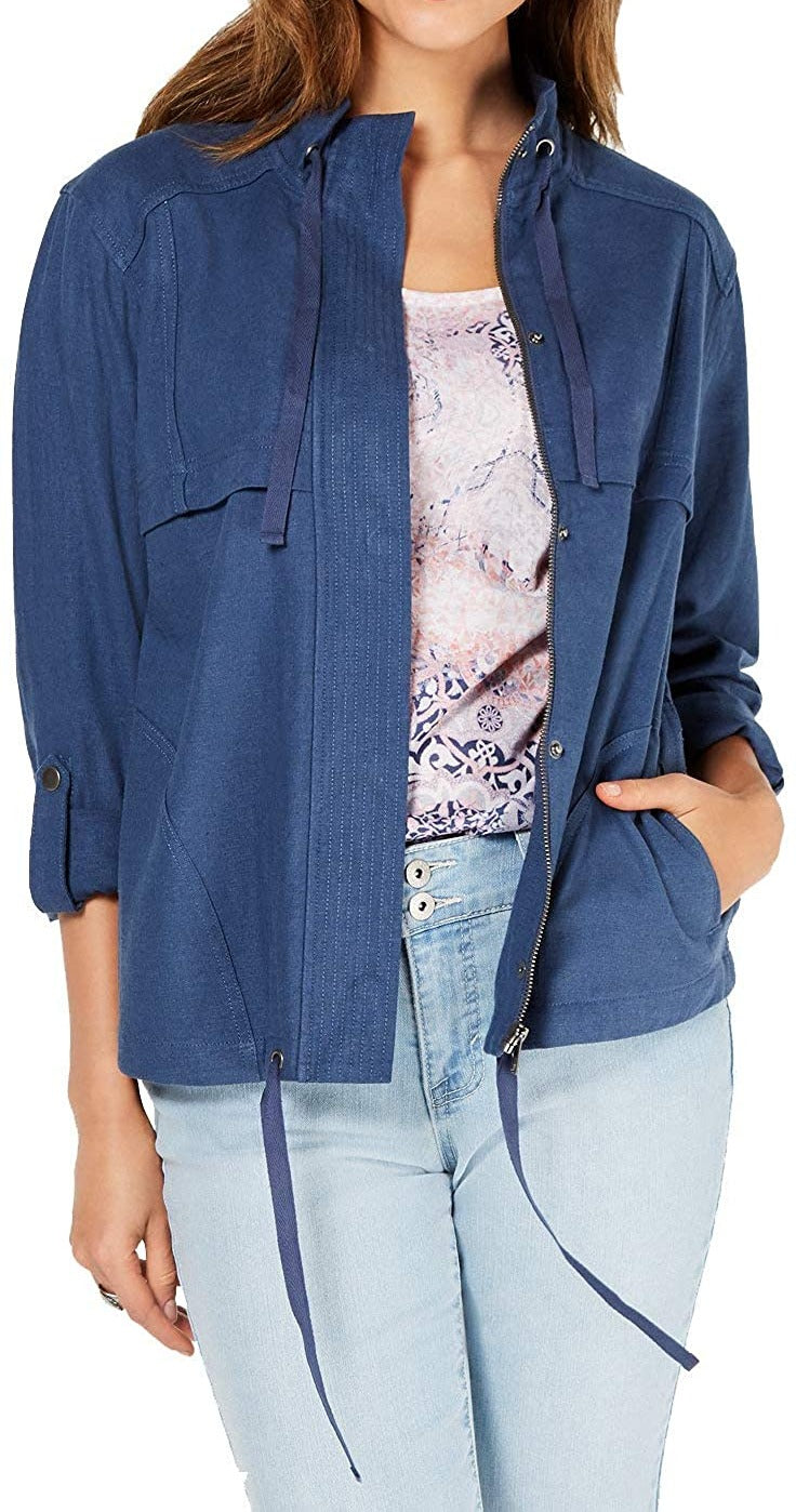 Style & Co Women's Zip up Roll Tab Sleeve Jacket Blue Size L