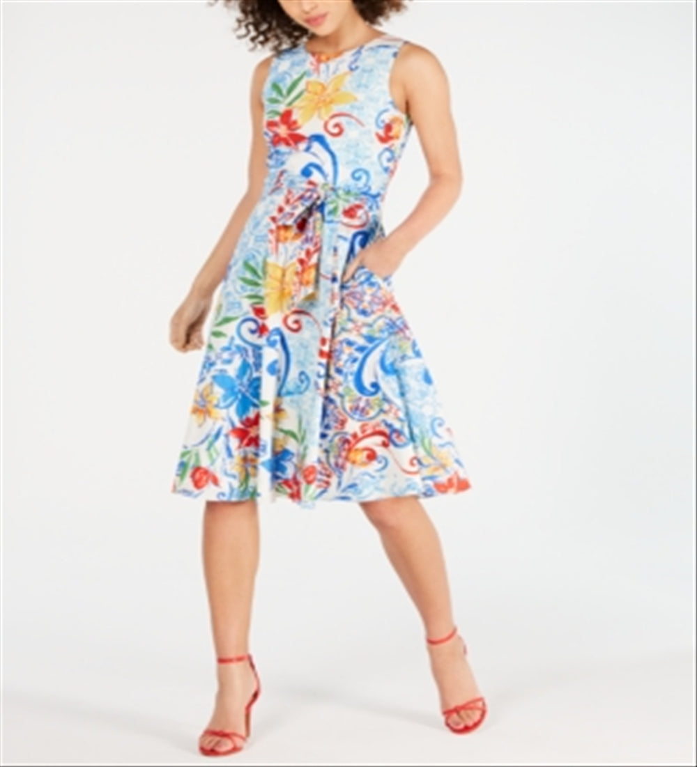 Donna Ricco Women's Printed A Line Dress Blue Size 16