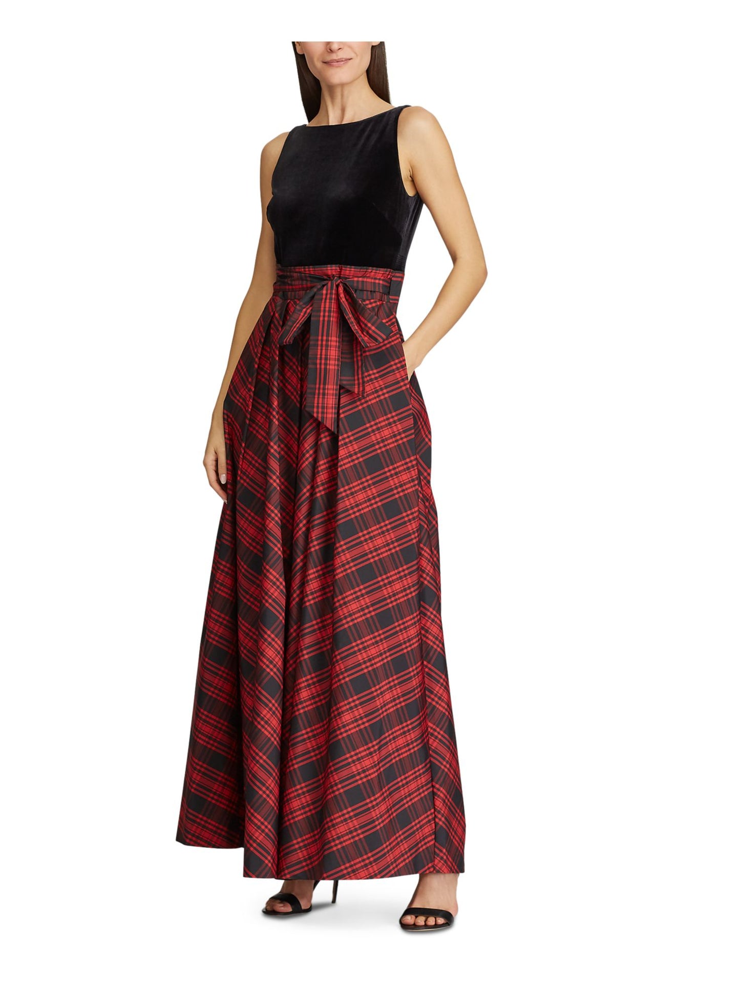 Ralph Lauren Women's Agni Bedford Plaid Mixed Media Formal Dress Black Size 14
