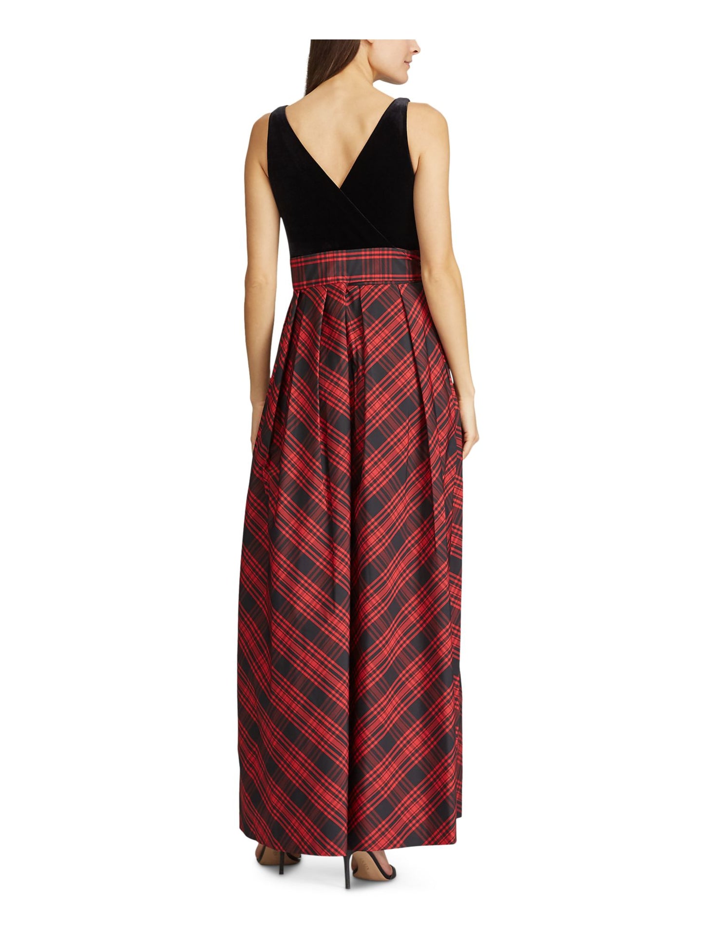 Ralph Lauren Women's Agni Bedford Plaid Mixed Media Formal Dress Black Size 14