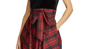 Ralph Lauren Women's Agni Bedford Plaid Mixed Media Formal Dress Black Size 14