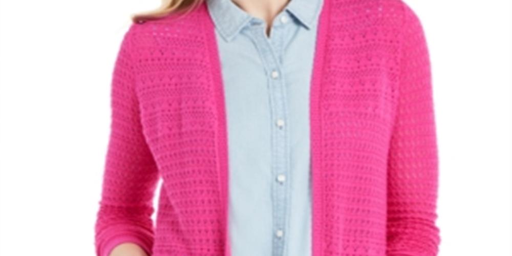 Charter Club Women's Open Front Pointelle Cardigan Pink Size Medium