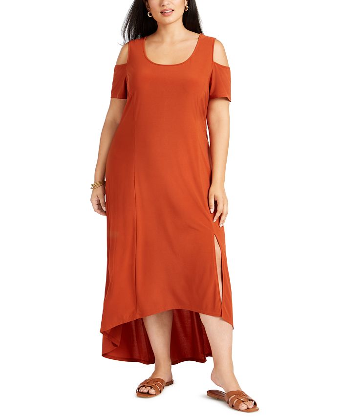 NY Collection Women's Cold Shoulder High Low Maxi Dress Brown Size 3X