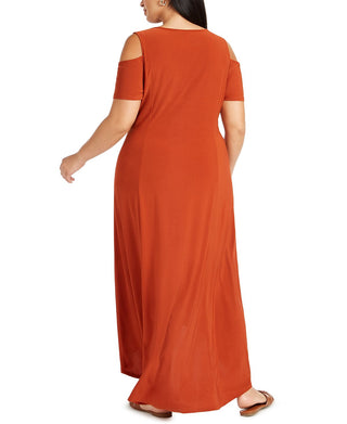 NY Collection Women's Cold Shoulder High Low Maxi Dress Brown Size 3X