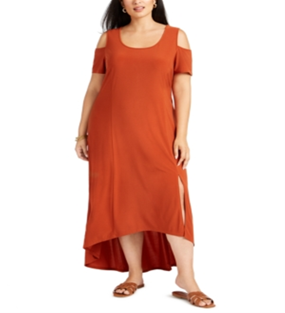 NY Collection Women's Cold Shoulder High Low Maxi Dress Brown Size 3X