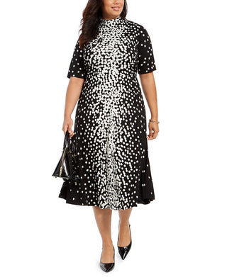 Alfani Women's Dot Print Tie Neck Dress Black Size 12