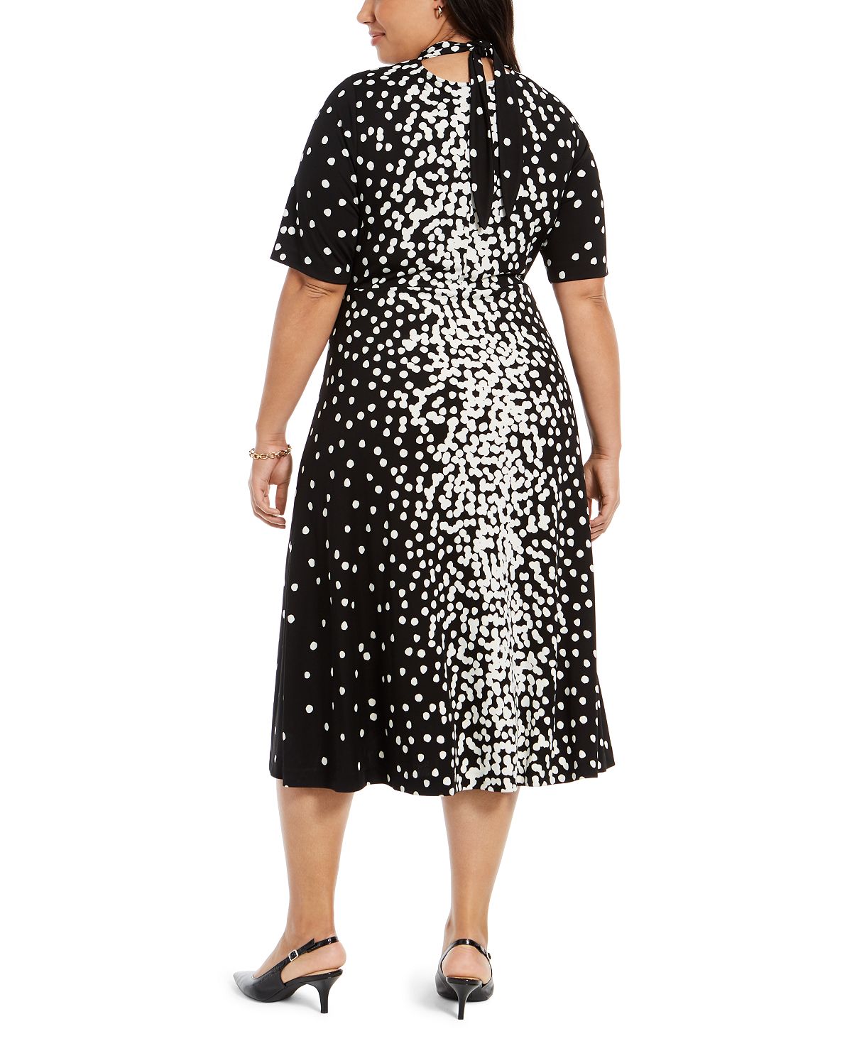 Alfani Women's Dot Print Tie Neck Dress Black Size 12