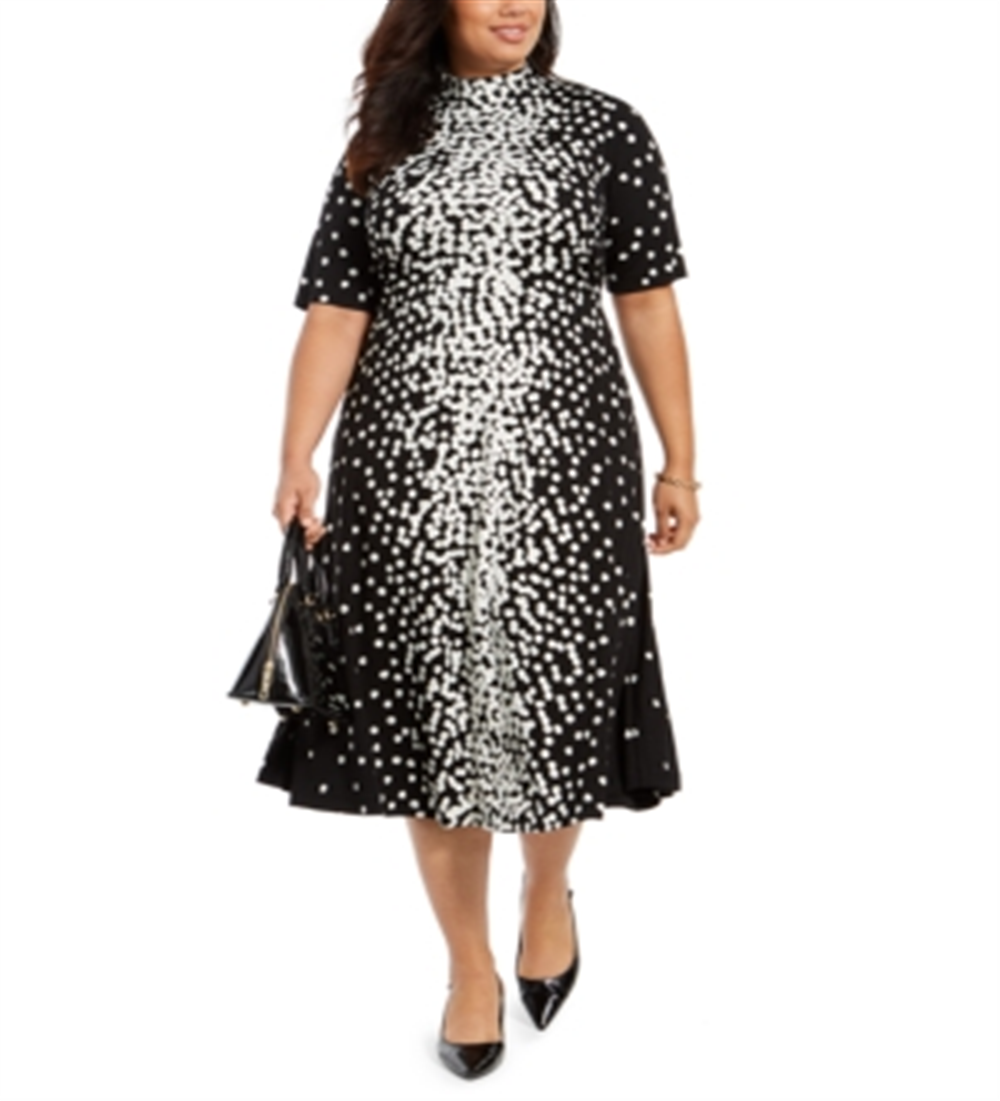 Alfani Women's Dot Print Tie Neck Dress Black Size 12
