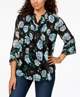 Charter Club Women's Printed Pintucked Top Black Size Large