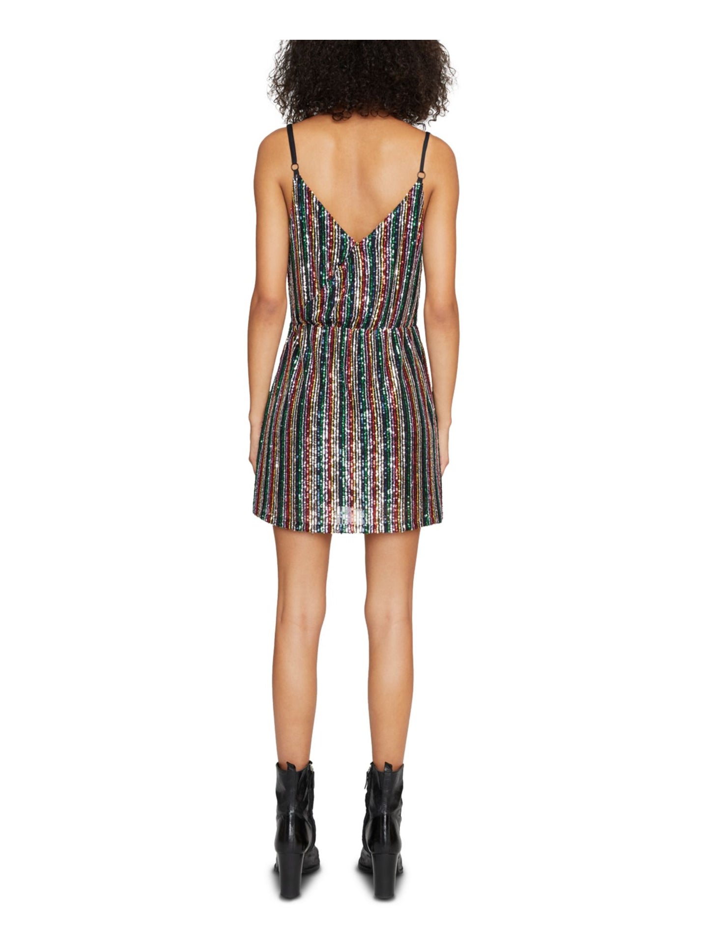 Sanctuary Women's Sequined Striped Spaghetti Strap V Neck Short Party Sheath Dress Black Size Medium