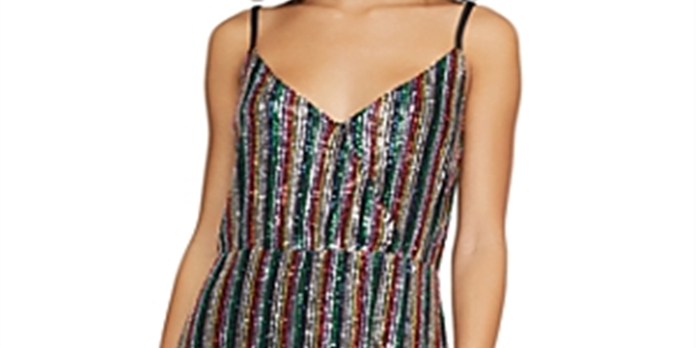 Sanctuary Women's Sequined Striped Spaghetti Strap V Neck Short Party Sheath Dress Black Size Medium