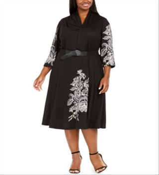 Robbie Bee Women's Long Sleeve MIDI Dress Black Size 3X