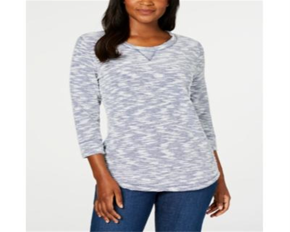 Karen Scott Women's Space Dye 3/4 Sleeve Top Blue-White  Size Petite L