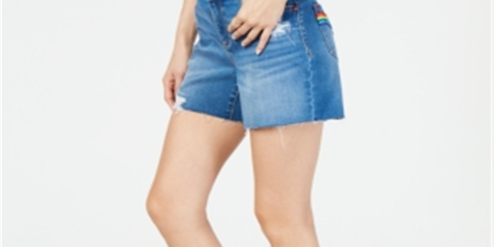 INC International Concepts Women's Rainbow Raw Hem Jean Shorts Blue Size 12