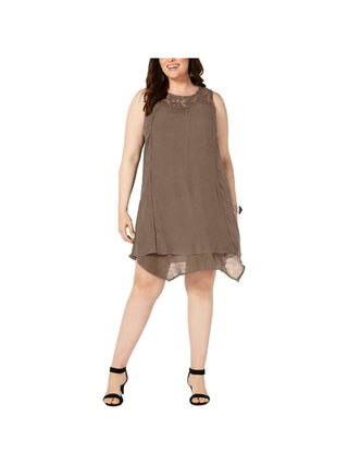 Style & Co Women's Embroidered Lace Handkerchief Hem Sleeveless Shift Dress Brown Size Small