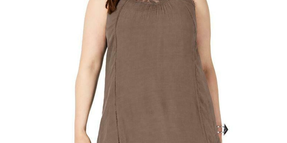 Style & Co Women's Embroidered Lace Handkerchief Hem Sleeveless Shift Dress Brown Size Small