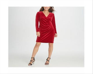 DKNY Women's Ruched Long Sleeve V Neck Knee Length Sheath Cocktail Dress Red Size 8