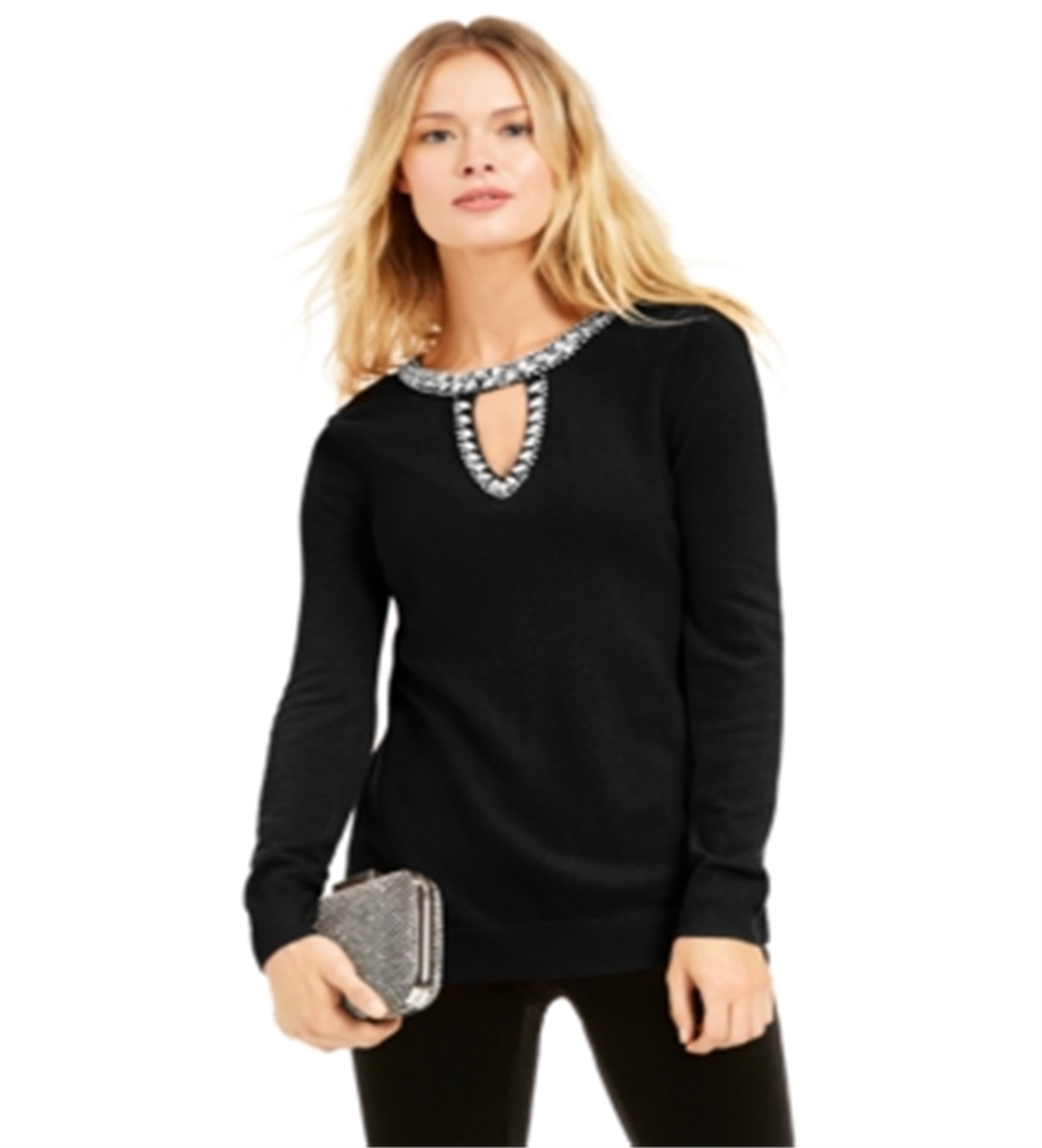 INC International Concepts Women's  Embellished Keyhole Sweater Black Size Petite S