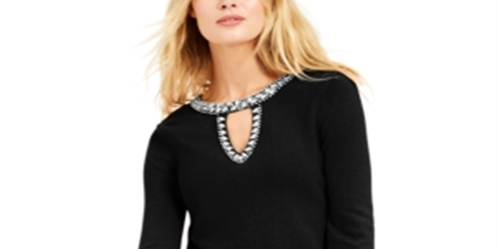 INC International Concepts Women's  Embellished Keyhole Sweater Black Size Petite S