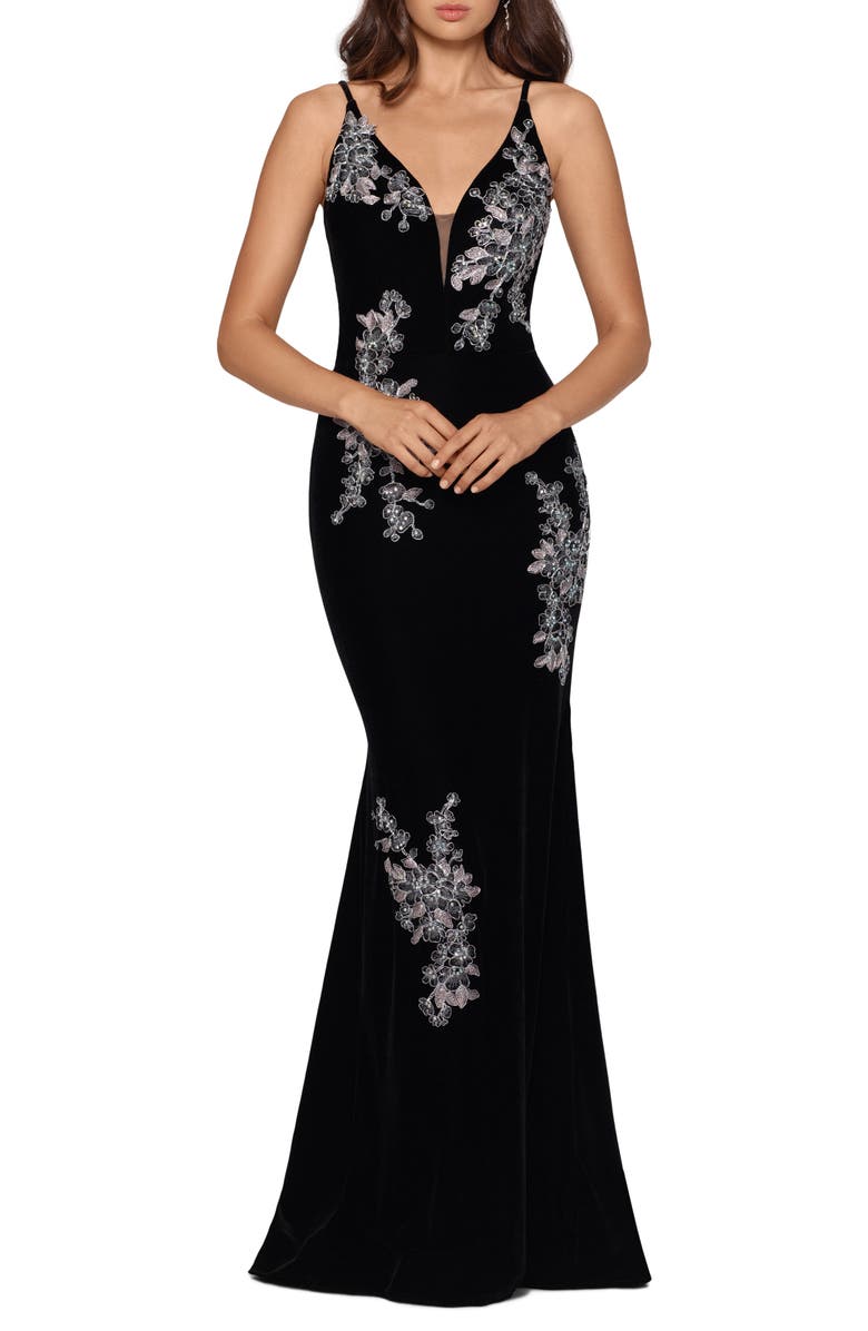 Xscape Women's Velvet Floral Embroidered Gown Black Size 10