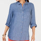 Charter Club Women's Roll up Sleeves with Buttons Button up Top Blue Size Petite S