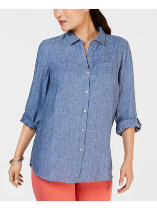 Charter Club Women's Roll up Sleeves with Buttons Button up Top Blue Size Petite S