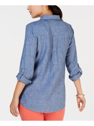 Charter Club Women's Roll up Sleeves with Buttons Button up Top Blue Size Petite S