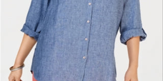 Charter Club Women's Roll up Sleeves with Buttons Button up Top Blue Size Petite S