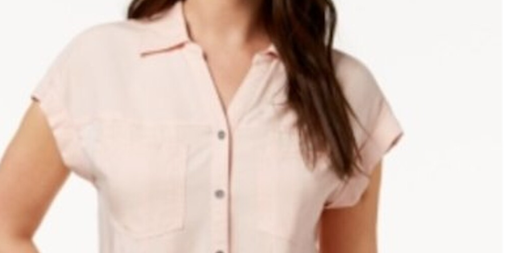 Style & Co Women's Pleated Cuffed Sleeve Top Pink Size Medium