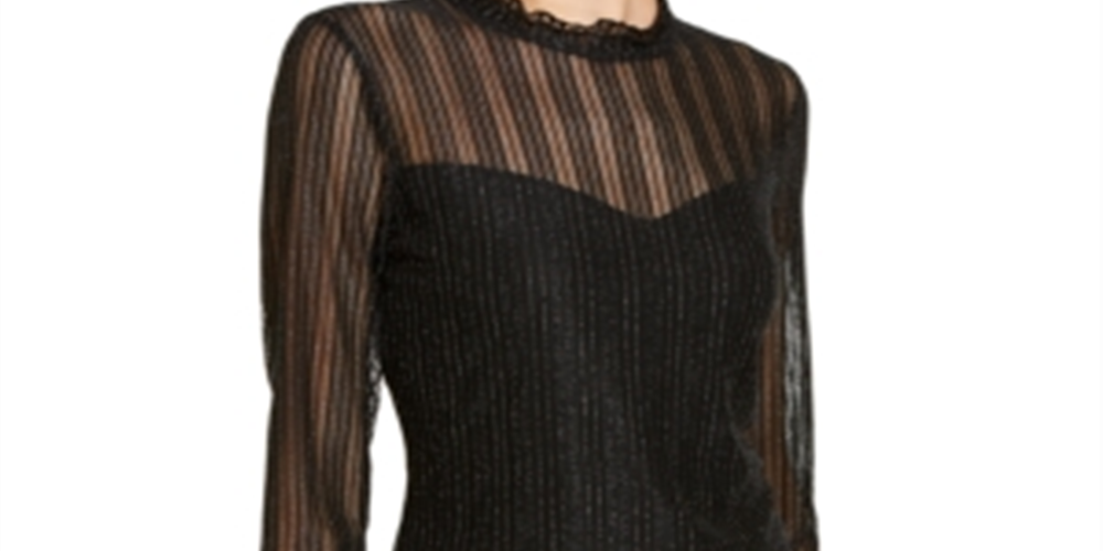 INC International Concepts Women's Metallic Illusion Ruffled Neck Top Black Size Petite L