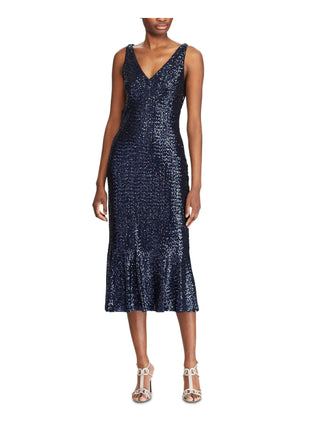 Ralph Lauren Women's Bezzie Sequined Flounce Midi Dress Blue Size 12