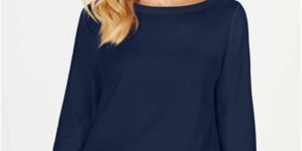 Karen Scott Women's Cotton Boat Neck 3/4 Sleeve Knit Top Blue Size Medium