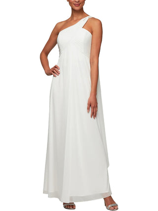 Alex Evenings Women's Pleated One Shoulder Evening Dress White Size 10
