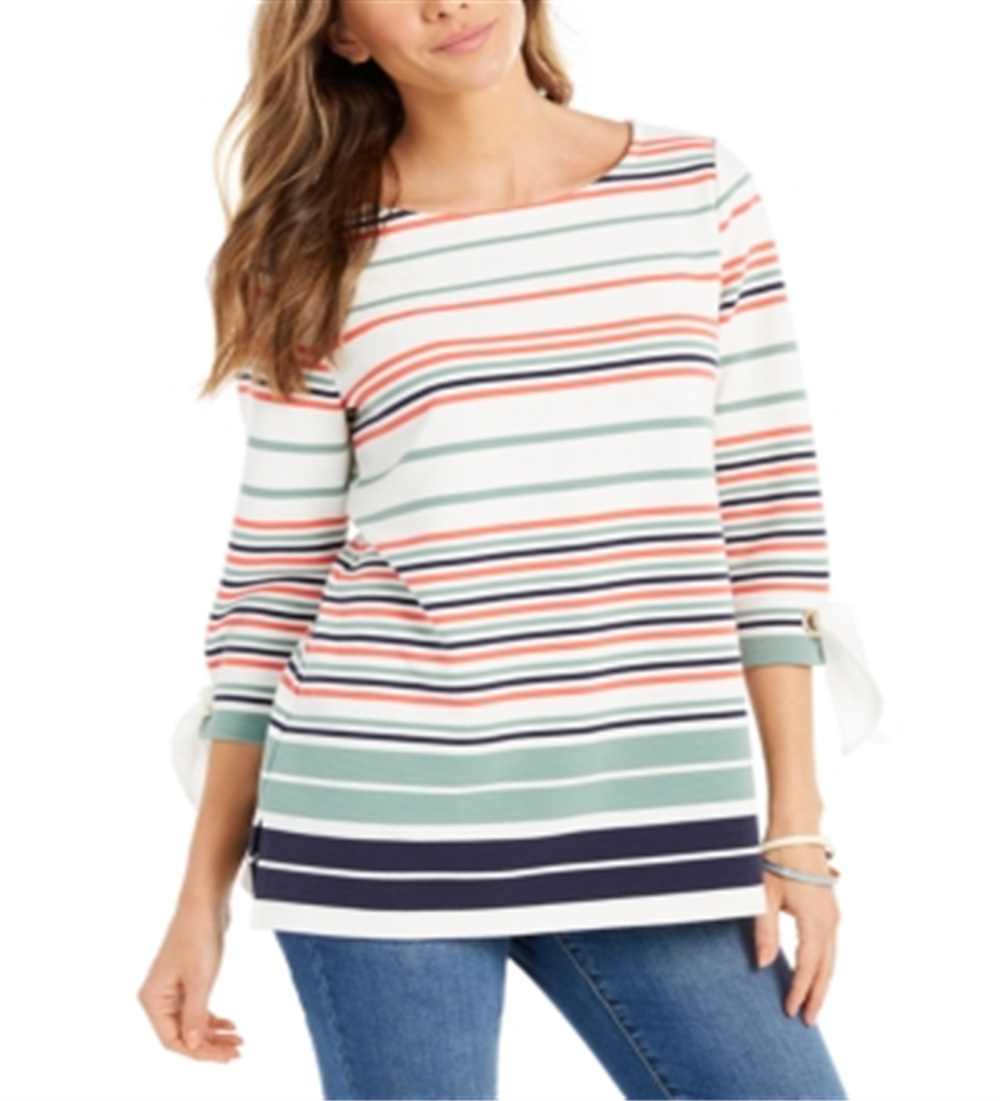 Charter Club Women's Striped Tie Sleeve Top Green Size Small