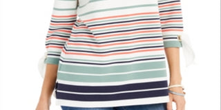 Charter Club Women's Striped Tie Sleeve Top Green Size Small