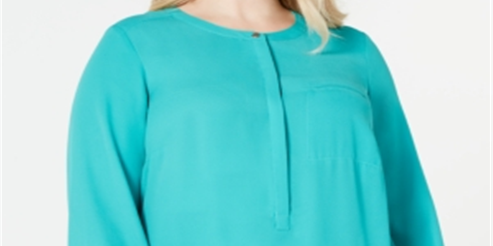 JM Collection Women's Plus Pleated Back Henley Blouse Green Size 1X