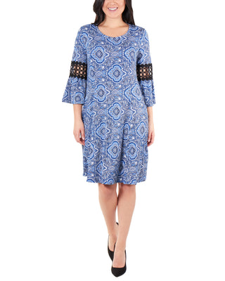 NY Collection Women's Crochet TrimBell Sleeve Dress Blue Size Petite Medium