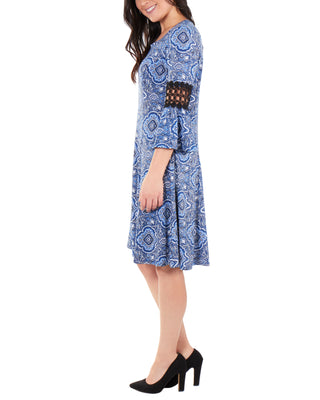 NY Collection Women's Crochet TrimBell Sleeve Dress Blue Size Petite Medium