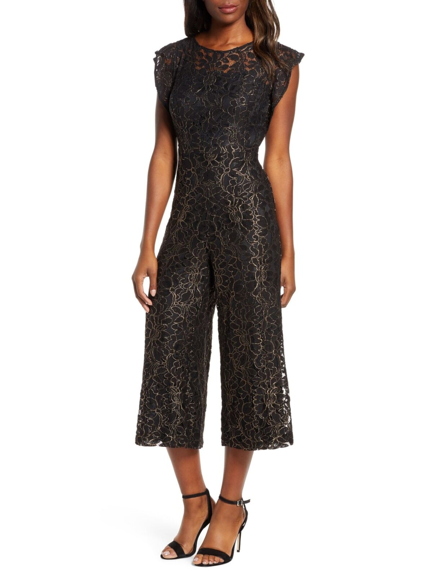 Donna Women's Ricco New York Lace Floral Short Sleeve Illusion Neckline Capri Jumpsuit Black Size 6